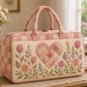 May include: A rectangular quilted duffel bag featuring a pink and white checkered pattern on the sides and handles. The front panel displays an embroidered heart surrounded by various pink, purple, and yellow flowers with green leaves.
