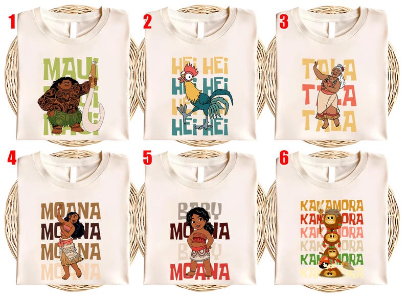 May include: Six white t-shirts with colorful graphics and text from the animated movie Moana. The designs include characters like Maui, Hei Hei, and Moana, along with text like "Maui", "Hei Hei", "Tala", "Moana", and "Kakamora".
