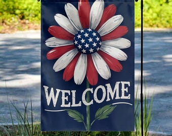 Floral Red White Blue Welcome 4th of July Garden Flag, Patriotic Flag, Independence Day Yard Decor, USA Porch Flag UNYA21