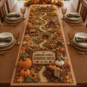 May include: A rectangular table runner featuring a detailed autumn pumpkin patch scene with a winding stone path, a red barn, a house, and a sign reading THE JOHNSON FAMILY PUMPKIN PATCH EST. 2024, surrounded by orange pumpkins and fall foliage.