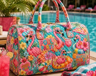 Flamingo Quilted Duffle Bag, Tropical Pool Party Weekend Tote, Summer Beach Travel Bag, Pink Vacation Carry On OQBREN008