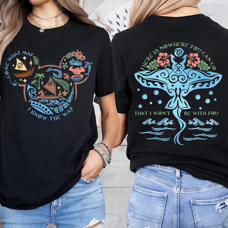 May include: Black t-shirts with a colorful graphic design. The front features a stylized image with text that reads "COME WHAT MAY, I KNOW THE WAY." The back has a blue design with text that reads "THERE IS NOWHERE YOU CAN GO THAT I WON'T BE WITH YOU."