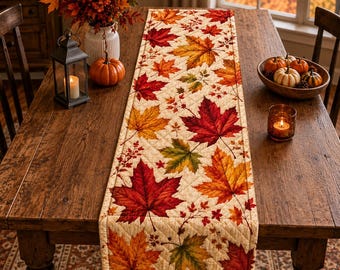 Autumn Maple Leaf Quilted Table Runner, Fall Leaves Table Runner, Thanksgiving Dining Decor, Rustic Farmhouse Table Topper SMZW02-RD
