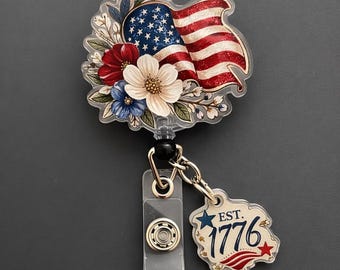USA Flag Floral Badge Reel, Patriotic Nurse ID Holder,4th of July American Flag Work Badge Clip,Nurse ID Holder, Work Lanyard Clip UARENBG96