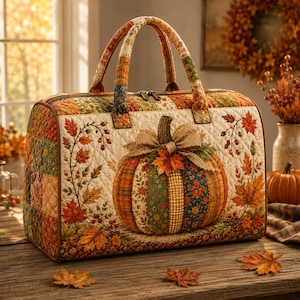 Patchwork Pumpkin Quilted Weekend Bag, Fall Floral Travel Duffel Bag, Rustic Autumn Overnight Bag, Thanksgiving Gift SRD-UYM62