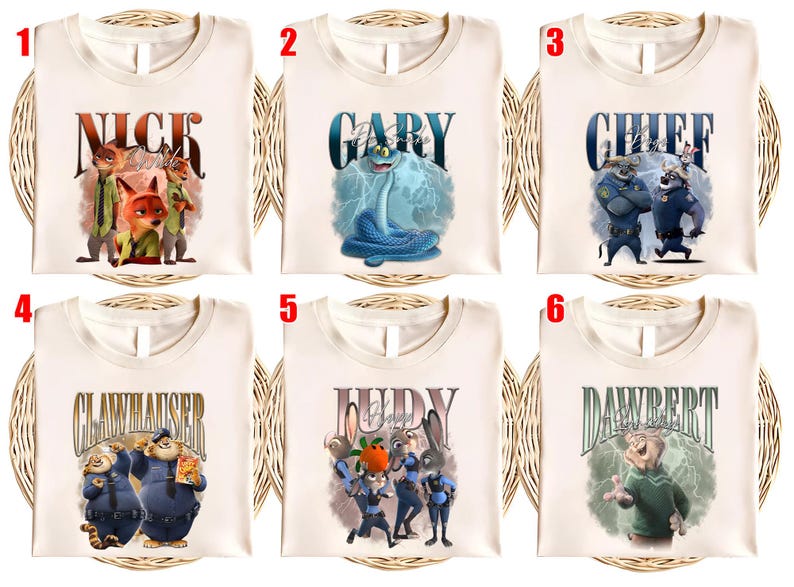 May include: Six cream-colored t-shirts with different character designs from the movie Zootopia. Each shirt features a character's name in a stylized font, along with a corresponding illustration of the character.