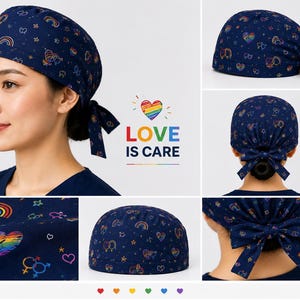 May include: A navy blue scrub cap featuring a repeating pattern of rainbow-colored hearts, stars, and gender symbols. The cap includes a tie-back closure at the rear. The text LOVE IS CARE is displayed with a rainbow heart icon above the words.