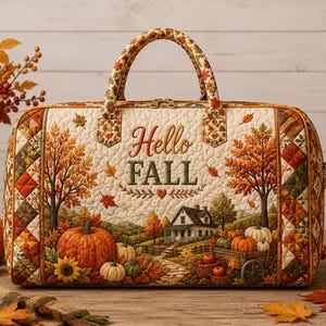 May include: A quilted duffel bag featuring an autumn landscape print with pumpkins, a house, and trees. The text "Hello FALL" is embroidered in the center. The bag has two padded handles and a zipper closure with a leaf-shaped pull.
