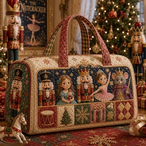 May include: A quilted duffel bag featuring a Nutcracker theme with illustrations of a nutcracker, a girl, a ballerina, and a mouse king. The bag has a cream background with red, green, and gold accents, including patterns of snowflakes, gifts, and trees.