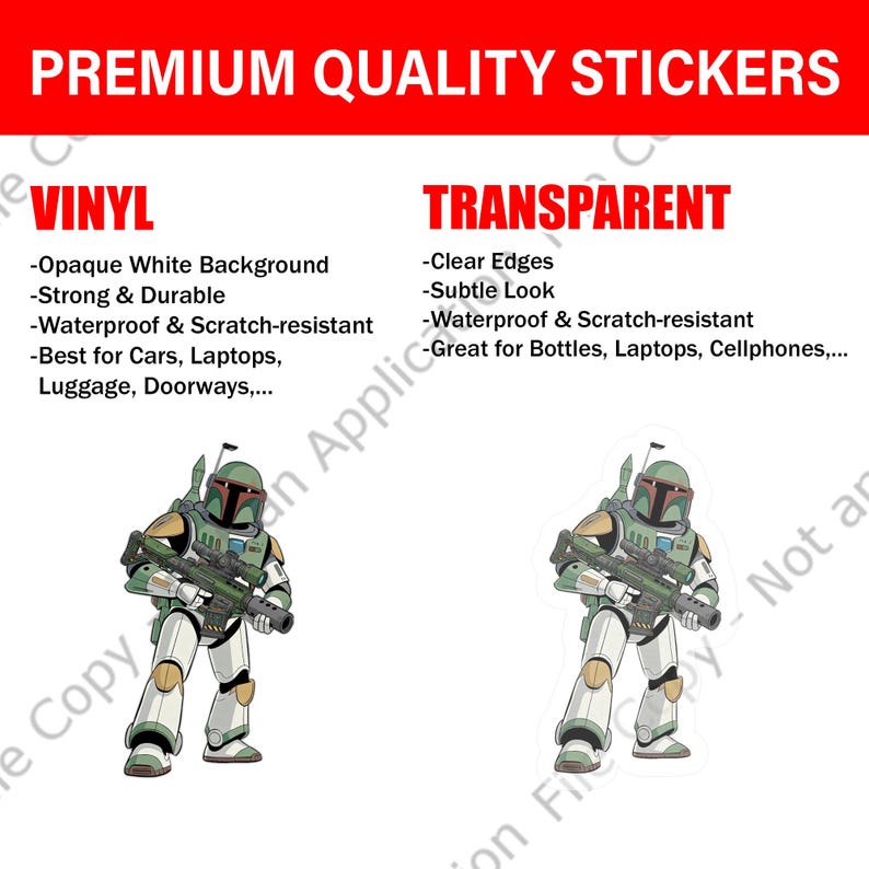 Puede incluir: La imagen muestra dos pegatinas con una ilustraci&oacute;n detallada de un personaje de ciencia ficci&oacute;n. Las pegatinas est&aacute;n disponibles en vinilo con un fondo blanco opaco y transparente con bordes claros. El texto "PREMIUM QUALITY STICKERS" est&aacute; en la parte superior.