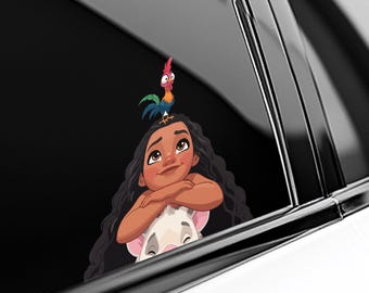 Moana Peeker Sticker – Hei Hei or Pua Waterproof Vinyl Peeking Decal, Disney Moana Car Window/Laptop/Water Bottle Decor OHUU11