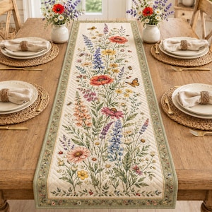 May include: A rectangular quilted table runner featuring a botanical print of colorful wildflowers, butterflies, and bees on a cream background, bordered by a sage green frame with a small floral pattern, centered on a wooden dining table.