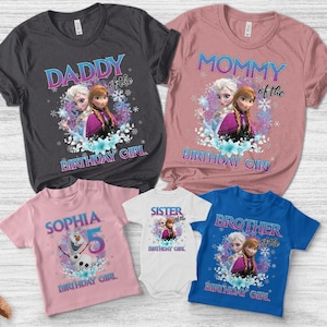 May include: A collection of short-sleeved t-shirts and a onesie featuring characters from a popular animated film. The shirts are in various colors, including charcoal, pink, white, and blue, with text such as "Daddy", "Mommy", "Sister", and "Brother" along with "Birthday Girl".