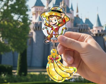 Carrete de insignia personalizado de Jorge el Curioso, nombre y año personalizados, regalo de Navidad, decoración de Jorge el Curioso en forma de mono SBRL2U03