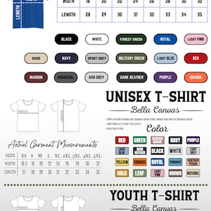 Op de afbeelding: Afbeelding van een unisex T-shirt met maat- en kleuropties. Maten vari&euml;ren van XS tot 5XL, met afmetingen in inches. Beschikbare kleuren zijn onder meer zwart, wit, rood en meer. De afbeelding toont ook opties voor jeugd-T-shirts.