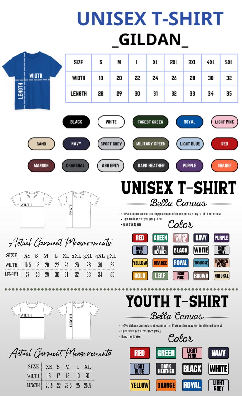 Op de afbeelding: Afbeelding van een unisex T-shirt met maat- en kleuropties. Maten vari&euml;ren van XS tot 5XL, met afmetingen in inches. Beschikbare kleuren zijn onder meer zwart, wit, rood en meer. De afbeelding toont ook opties voor jeugd-T-shirts.