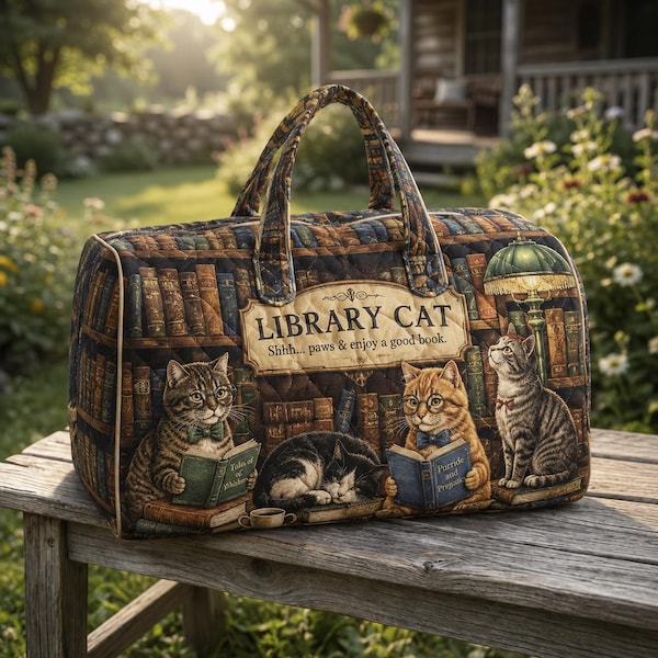 Library Cat Quilted Weekend Bag Book Lover Travel Duffel Reading Cat Overnight Bag Librarian Gift Literary Tote ORD-FTI92