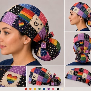 May include: A scrub cap featuring a colorful patchwork design with various patterns including rainbow hearts, polka dots, and stripes in shades of purple, blue, red, and yellow. The cap has a gathered back with a tie closure to secure the hair.