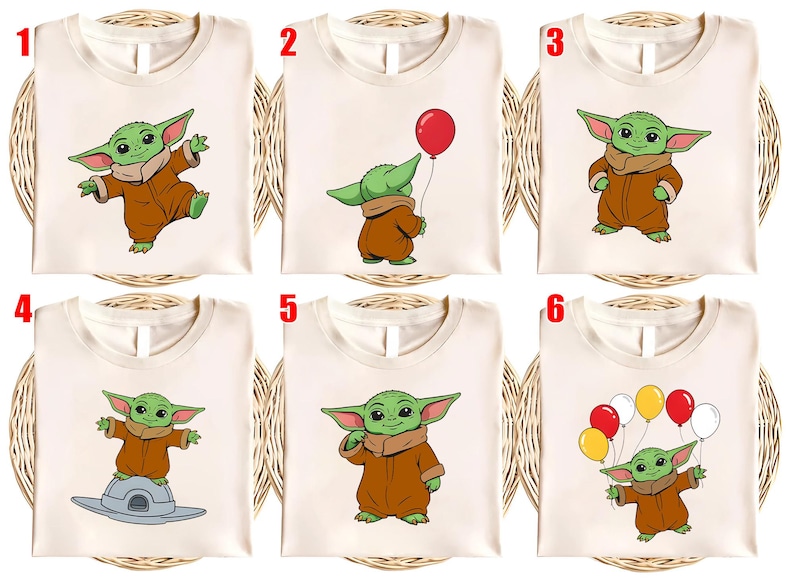 May include: Cream-colored t-shirts featuring cartoon illustrations of a green alien character in a brown outfit. The designs include the character holding a red balloon, standing on a spaceship, and holding multiple balloons. The shirts are displayed on a woven background.