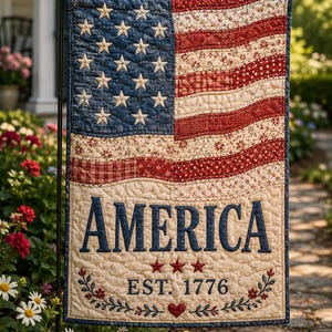 May include: A quilted garden flag featuring the American flag design. The flag has a blue field with white stars and red and white stripes. The word "AMERICA" is displayed in navy blue, with "EST. 1776" below, surrounded by floral embroidery.