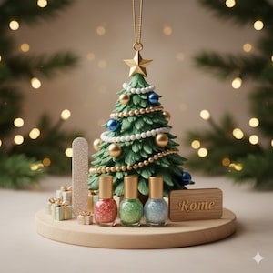 May include: A festive Christmas tree ornament with a gold star, blue and gold baubles, and a string of pearls. Three nail polish bottles in red, green, and blue glitter sit on a wooden base, along with a nail file and small gift boxes. A wooden sign reads "Rome".