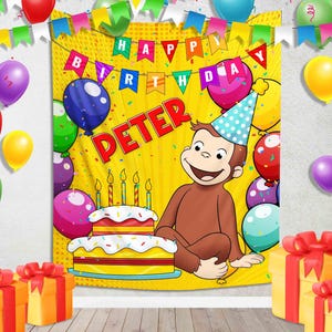 May include: A birthday party backdrop featuring a cartoon monkey wearing a party hat, a cake, and the name "Peter." Colorful balloons and gift boxes surround the scene. The words "Happy Birthday" are displayed across the top.