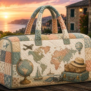 May include: A quilted travel duffel bag featuring a world map print, a globe, a sailboat, a camera, a passport, and a stack of two suitcases topped with a hat. The bag has two top handles and a patchwork pattern in muted earth tones and soft blues.