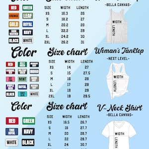 Op de afbeelding: Afbeelding met maattabellen voor tanktops en V-hals shirts. De tabellen tonen afmetingen in centimeters voor breedte en lengte, samen met kleuropties. De tekst bevat de merken "BELLA CANVAS" en "NEXT LEVEL".