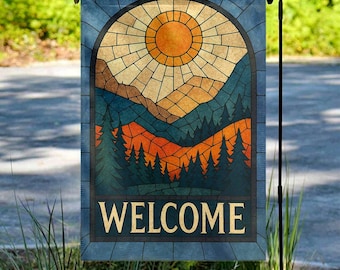 Boho Mountain Welcome Stained Glass Art Garden Flag, Retro Sunset Mountain Garden Flag, Summer Yard Decor Flag UNYD12