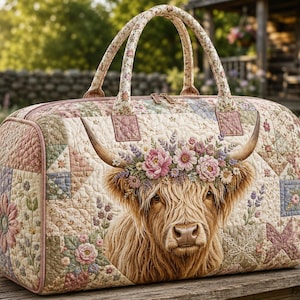 May include: A quilted duffel bag featuring a patchwork design in soft pastel tones. The central graphic depicts a Highland cow with a floral crown of pink and white blossoms. The bag includes two top handles and a zippered closure with a floral pattern.