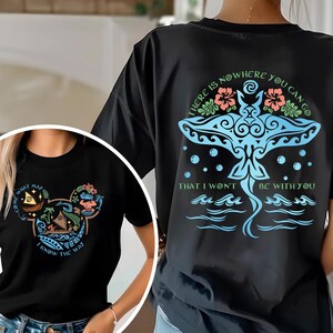 May include: Black t-shirts with colorful graphics. One features a Mickey Mouse-shaped design with text "COME WHAT MAY, I KNOW THE WAY." The other has a blue manta ray design with text "THERE IS NOWHERE YOU CAN GO THAT I WON'T BE WITH YOU."