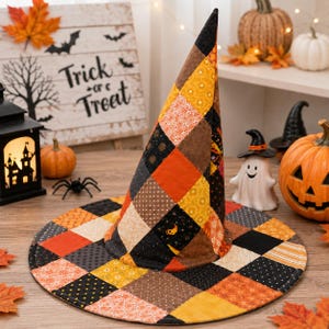 Halloween Patchwork Quilt Witch Hat, Handmade Quilted Patchwork Hat, Witch Costume Hat, Spooky Halloween Cosplay Accessory URD-O1W44