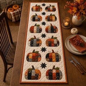 May include: A rectangular quilted table runner featuring a cream-colored background with a diamond stitch pattern. It displays ten patchwork pumpkins in various autumn colors and patterns, arranged in two columns with black star accents in between.