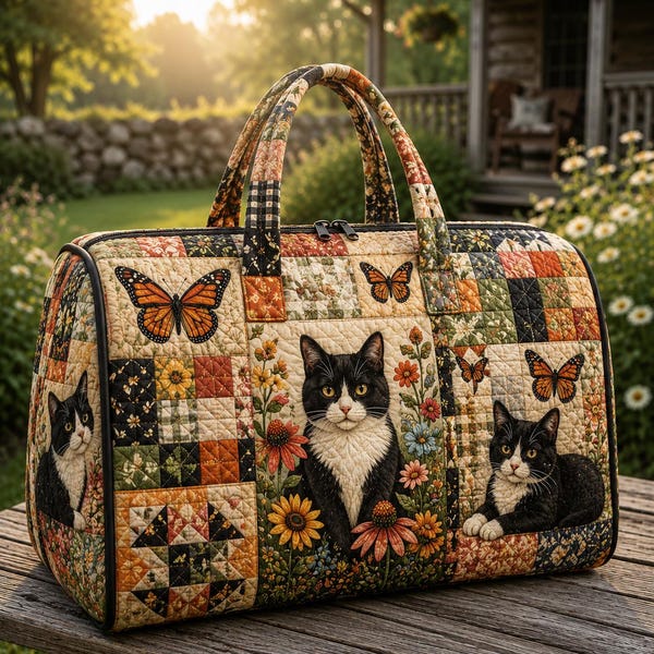 Tuxedo Cat Quilted Weekend Bag, Patchwork Cat Lover Travel Duffle, Floral Overnight Tote, Personalized Pet Gift ORD-ZTI24