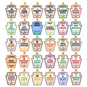 May include: A grid of thirty individual condiment labels shaped like sauce bottles, each numbered one through thirty. Every label features a unique flavor name, such as Spicy Chipotle, Soy Sauce, and Sriracha, with the text Only 1 Special Variety.