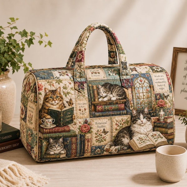 Cat Library Quilted Weekend Bag, Book Lover Travel Duffel, Cozy Reading Cat Overnight Bag, Literary Gift for Cat Mom ORD-ITI44