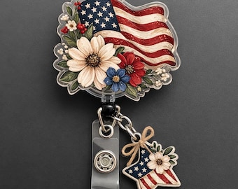 USA Flag Floral Badge Reel, Patriotic Nurse ID Holder,4th of July American Flag Work Badge Clip,Nurse ID Holder, Work Lanyard Clip UARENBG95