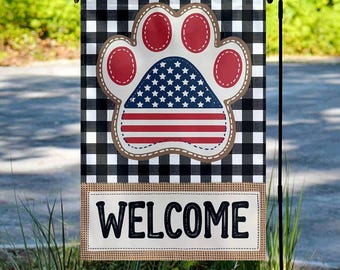 American Flag Paw Print Patriotic 4th of July Garden Flag, Welcome 4th of July Garden Flag,Independence Day Yard Decor,USA Porch Flag UNYA22