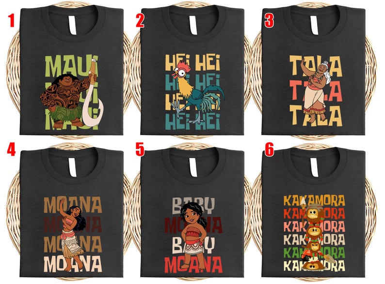 May include: Six black t-shirts with colorful graphics and text from the animated movie Moana. The designs include characters like Maui, Hei Hei, Tala, Moana, Baby Moana, and the Kakamora.