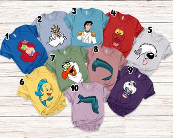 Little Mermaid Shirts, Flounder, Sebastian, Max, Ariel, Scuttle Costume Face Shirts, Costume Halloween, Little Mermaid Costume Shirt SJZC03