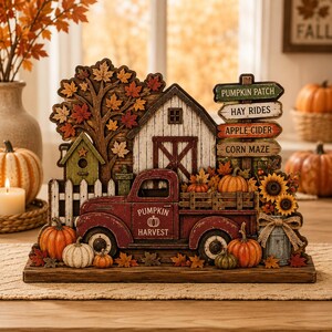 May include: A decorative tabletop sign featuring a red truck with the text PUMPKIN HARVEST, a white barn, a tree with autumn leaves, and a signpost with the text PUMPKIN PATCH, HAY RIDES, APPLE CIDER, and CORN MAZE, accented with pumpkins.