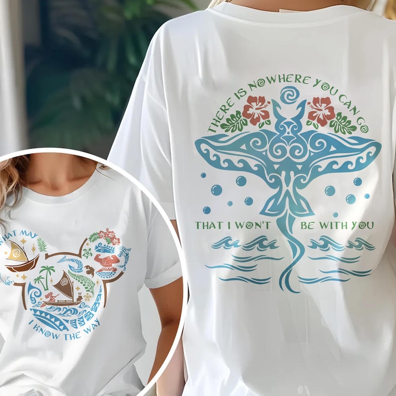 May include: White t-shirts with graphic designs. One shirt features a blue manta ray design with text, and the other has a Mickey Mouse head shape filled with tropical imagery and text. Both shirts have short sleeves.