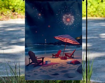 Beachfront Fireworks Fourth of July Garden Flag Patriotic Red White And Blue Garden Flag UNYB27