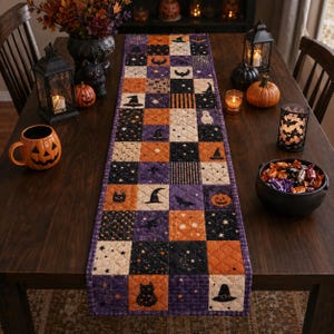 May include: A rectangular quilted table runner featuring a patchwork design of alternating squares in black, orange, purple, and cream. The fabric squares are decorated with Halloween-themed motifs including witches' hats, bats, cats, and stars.
