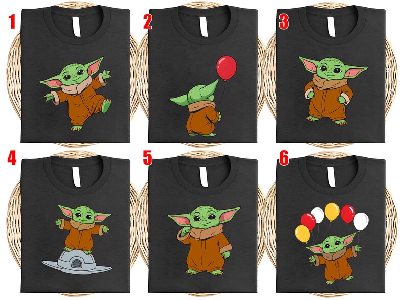 May include: Black t-shirts featuring a cartoon character in various poses. The character is green with large ears, wearing a brown coat. Some shirts show the character with a red balloon or holding colorful balloons.