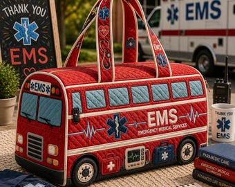 EMS Bus Quilted Weekender Bag, Paramedic Travel Duffel, EMT Appreciation Gift, Emergency Medical Tote Bag OQBREN034