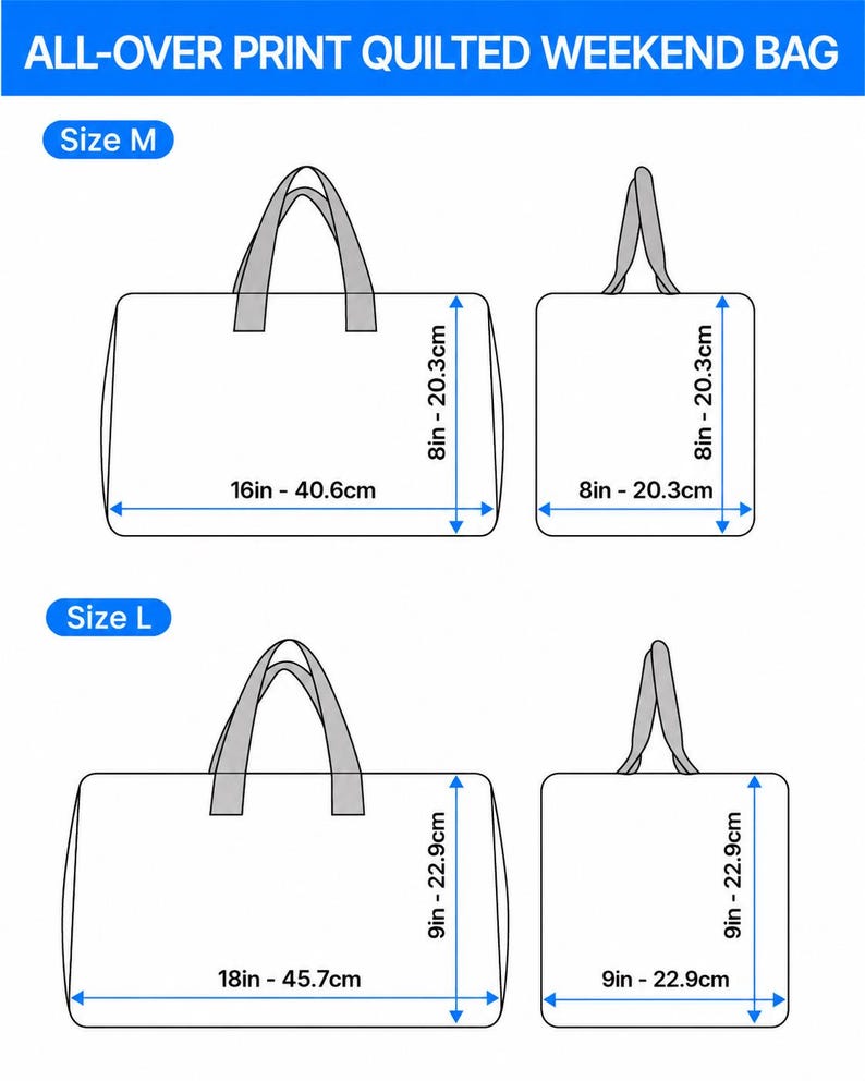 Quilted weekend bag size chart showing Size M and Size L dimensions.