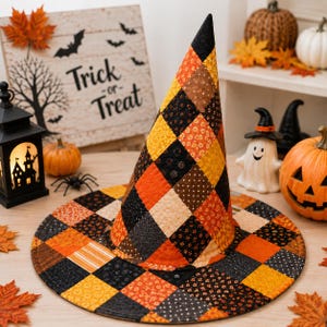Halloween Patchwork Quilt Witch Hat, Handmade Quilted Patchwork Hat, Witch Costume Hat, Spooky Halloween Cosplay Accessory URD-O1W46