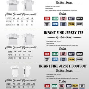 Op de afbeelding: Een productcatalogus met witte peuter- en baby-T-shirts en rompertjes. De catalogus bevat kledingmaten in cm, kleuropties en stofdetails. Kleuren zijn onder meer rood, groen, roze, marineblauw, zwart en meer.