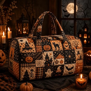 May include: A quilted duffel bag featuring a patchwork pattern of Halloween motifs including pumpkins, black cats, ghosts, skeletons, bats, witch hats, and haunted houses in a color palette of black, orange, and cream with two top handles.